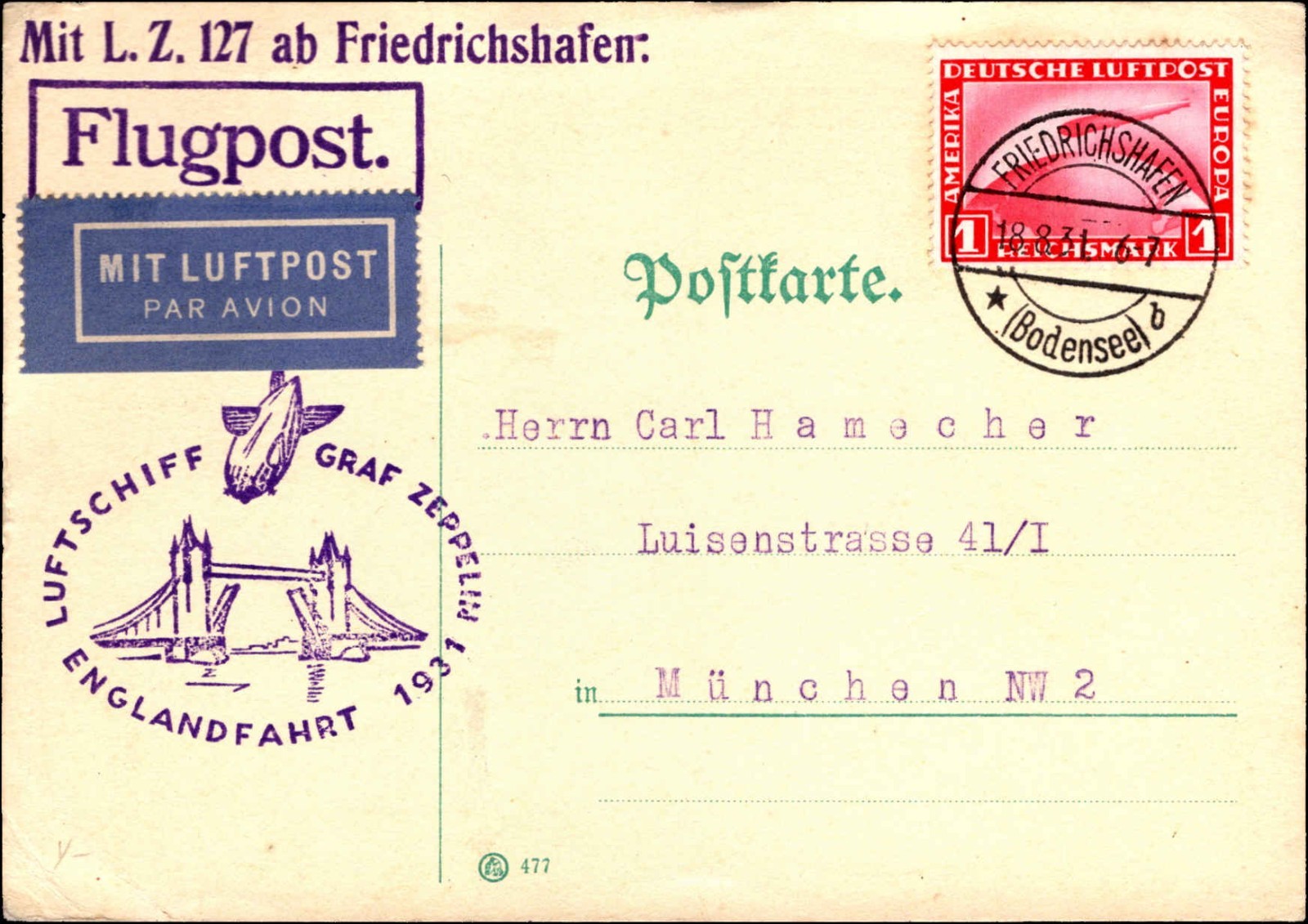 1937 Graf Zeppelin Englandfahrt Flight Card Friedrichshafen Germany