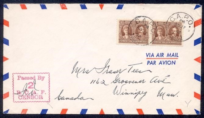 NEWFOUNDLAND 1943 CAPO #1 CENSOR AIR TO WPG