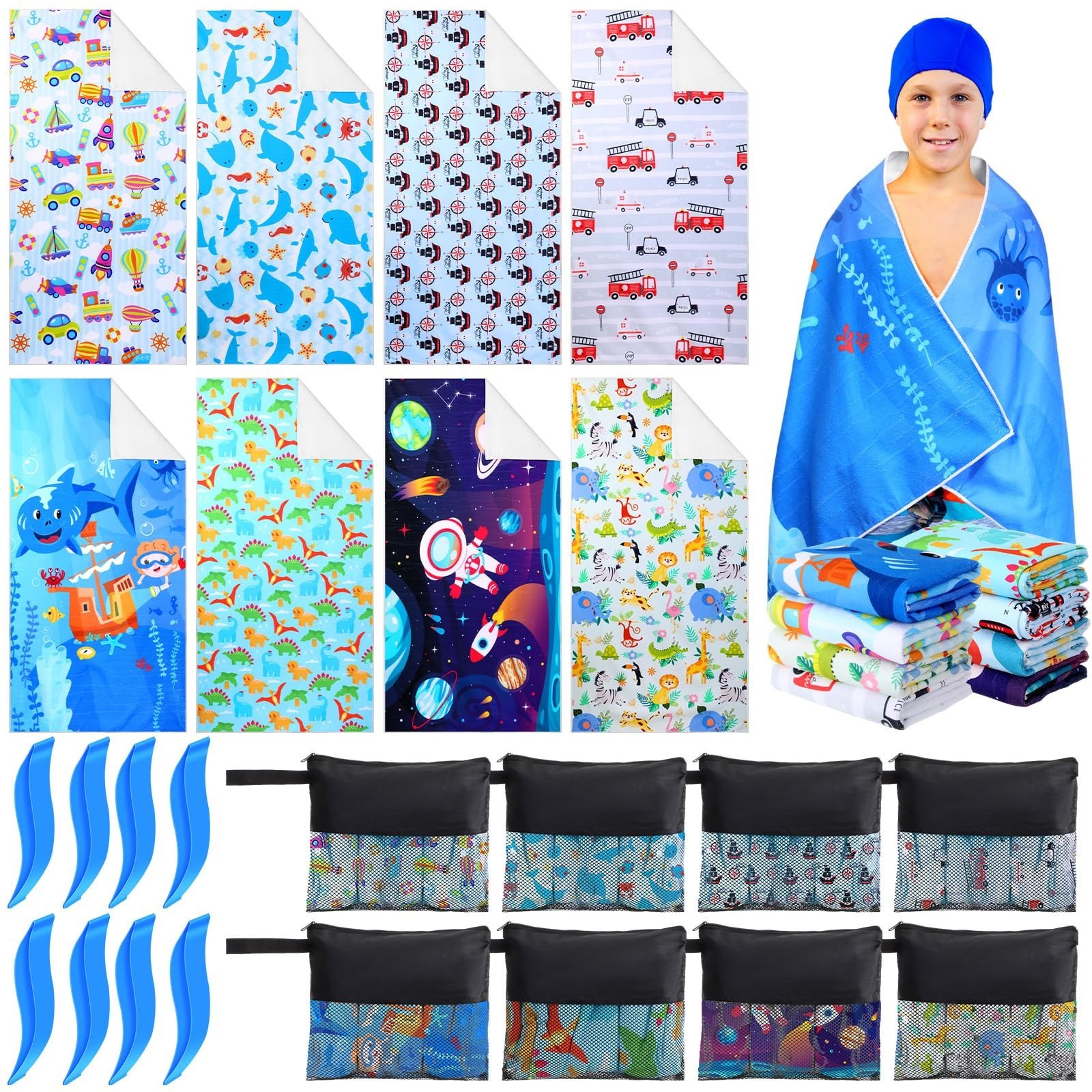 24 Pcs Kids Microfiber Beach Towel Set 8 Beach Towels Bulk with 8 Storage Bag...