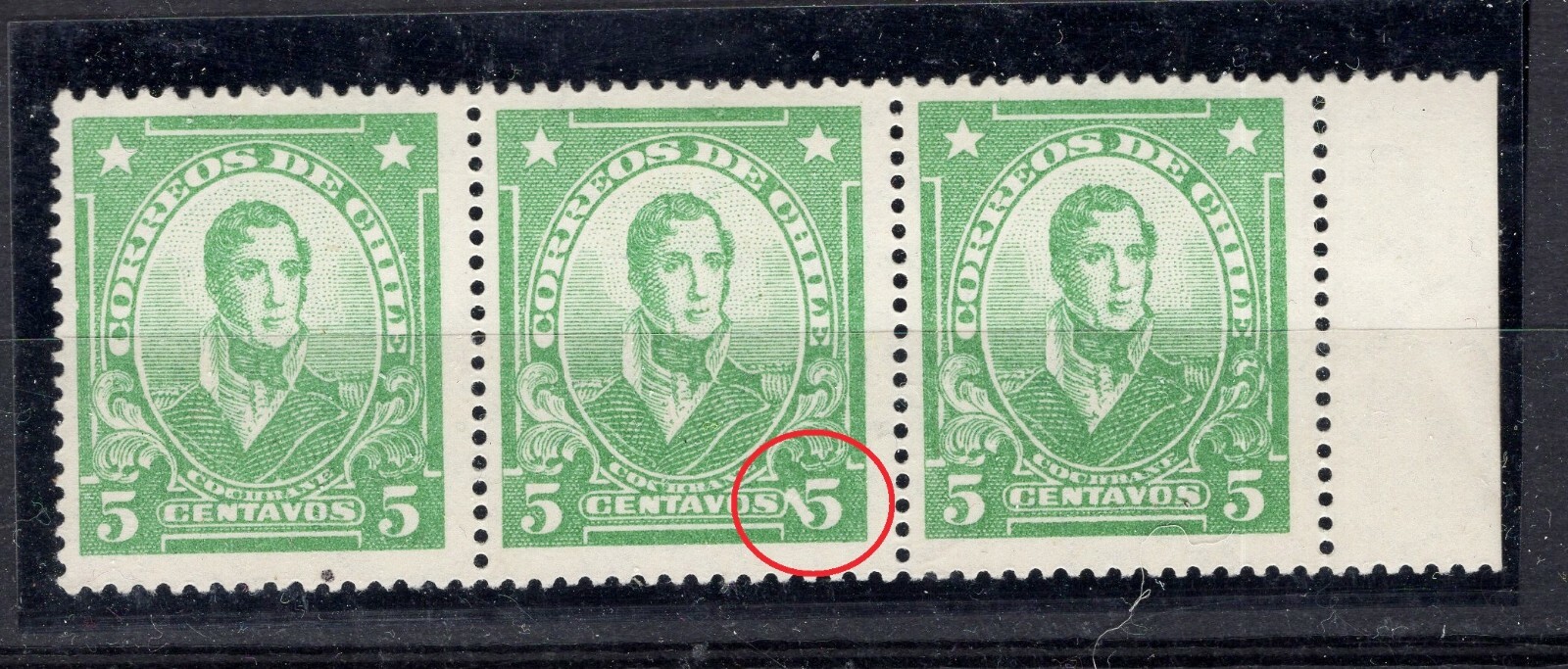 CHILE 1928 SOFICH 173 Sc.163 Cochrane 5c green Variety "5 with tail" MLH