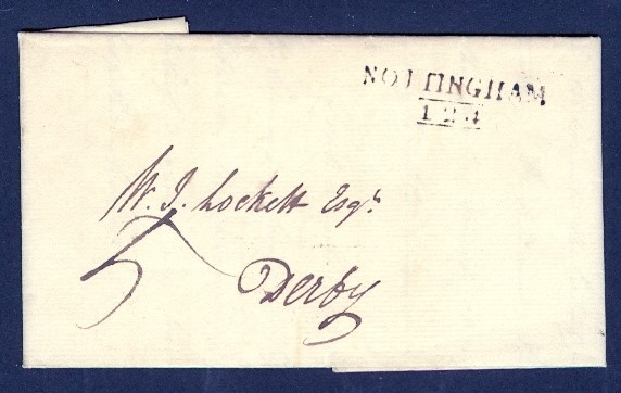 GREAT BRITAIN NOTTINGHAM/124 (BCC NG 168) HAND STAMP TO DERBY