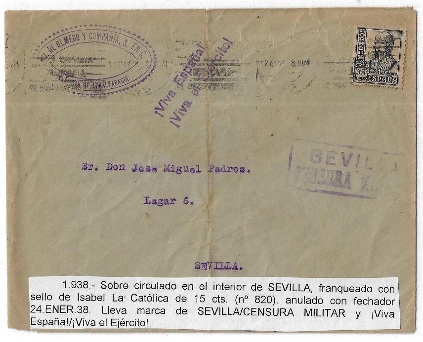 Spain: 1938; Cover Sevilla internal city, military censorship Sevilla, EBESC068