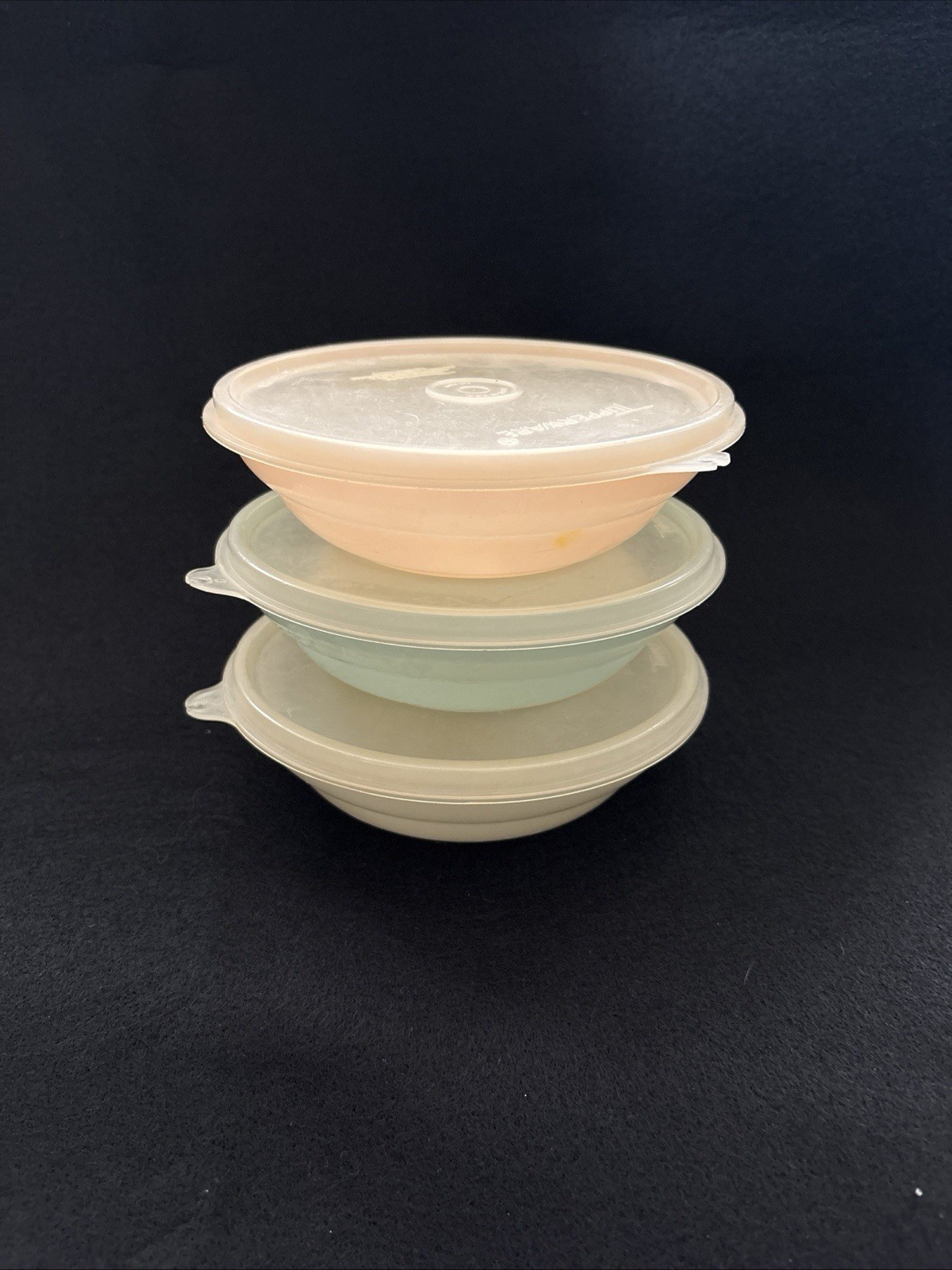 Set of 3 Vintage Pastel Tupperware 155 Cereal Bowls Clear Lids Blue White Peach