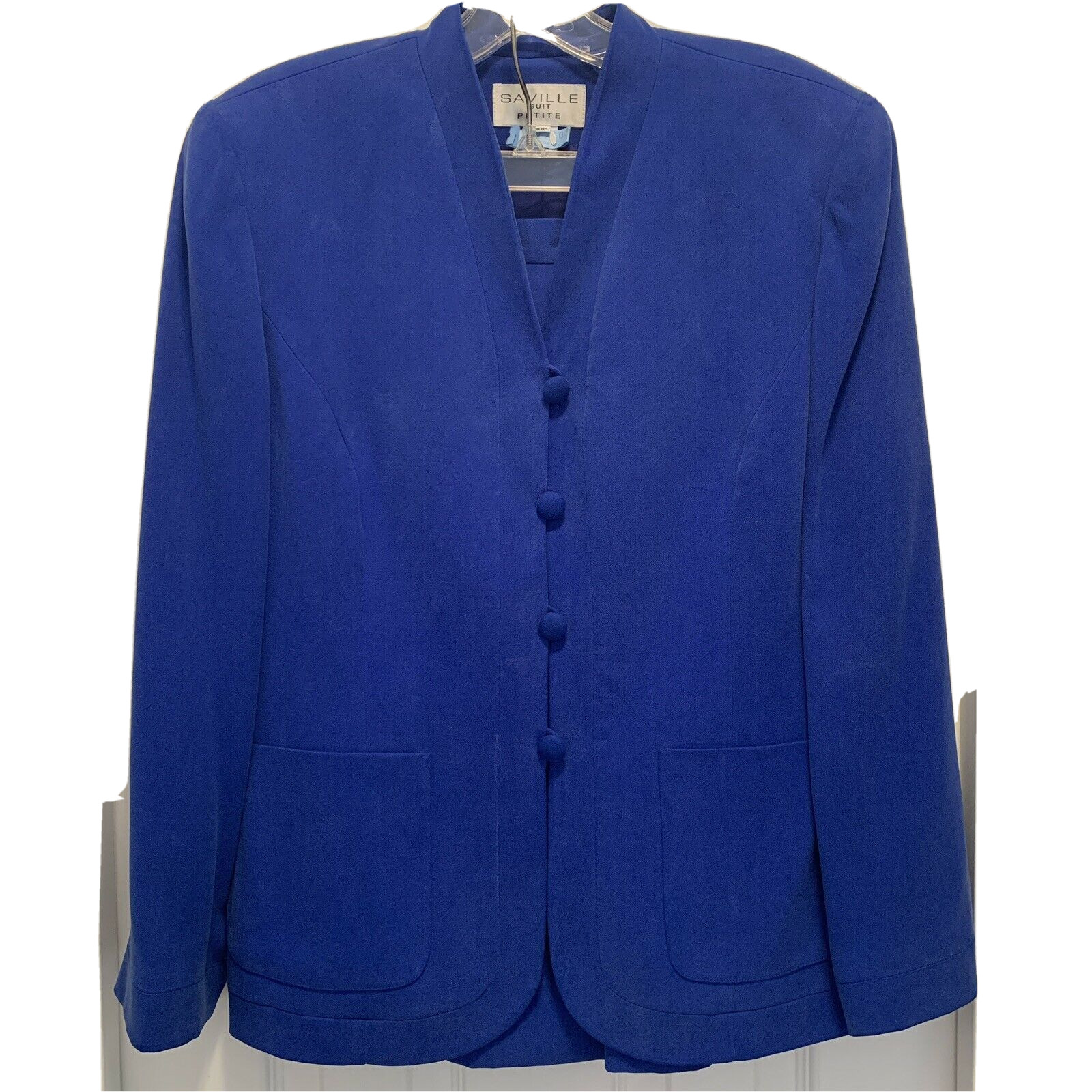 Azure Blue Ladies 100% Silk Suit Saville Size 10 Petite Long Sleeve 4 Button