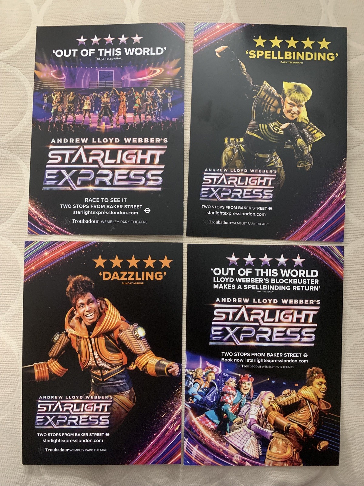 STARLIGHT EXPRESS THEATRE POSTCARD X 4-WEMBLEY PARK THEATRE-OUT OF THIS WORLD