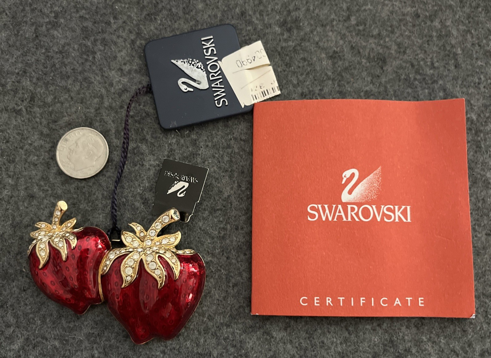 Mint SWAROVSKI Pave Crystal Red Enamel Swan Signed 2 Strawberry Pin Brooch NWT