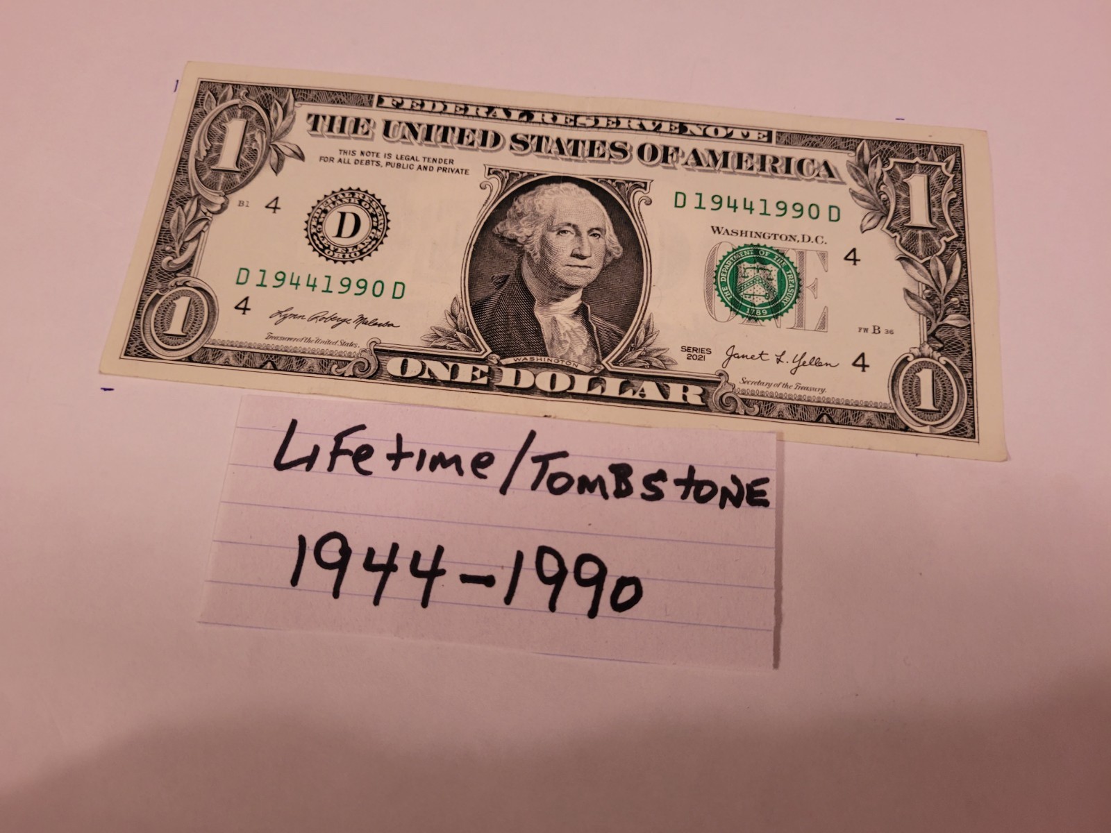 $1 2021/D19441990D/Fancy Serial Number Note/TOMBSTONE/1944--1990