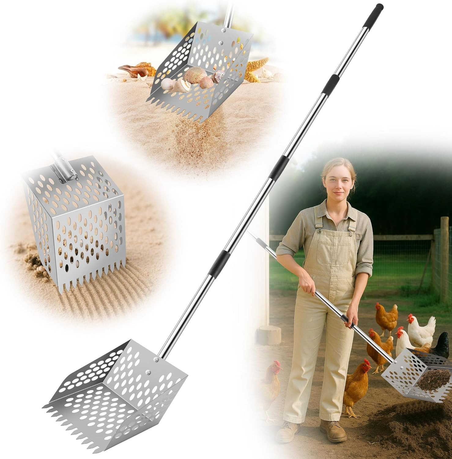 Stainless Steel Chicken Coop Scoop Rake & Sift Heavy-Duty Ergonomic Chicken Scoo