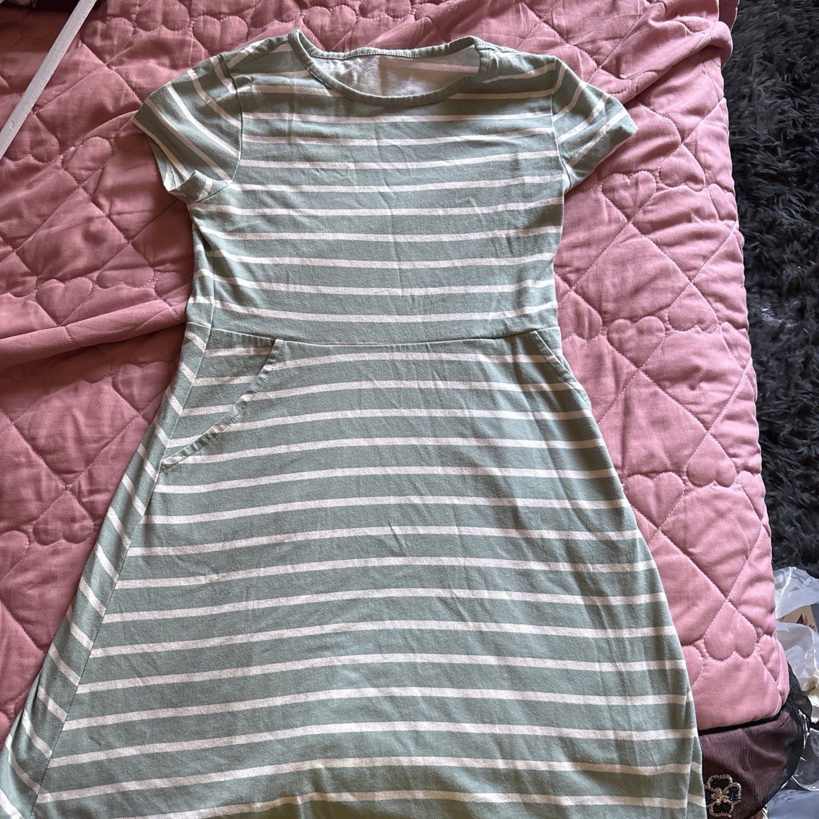 Wonder Nation Girls Green White Striped A-Line Dress Short Sleeve Size M (7-8)