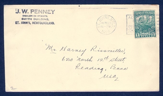 NEWFOUNDLAND 1c CARIBOU SINGLE 1928 J.W.PENNY c/c TO USA