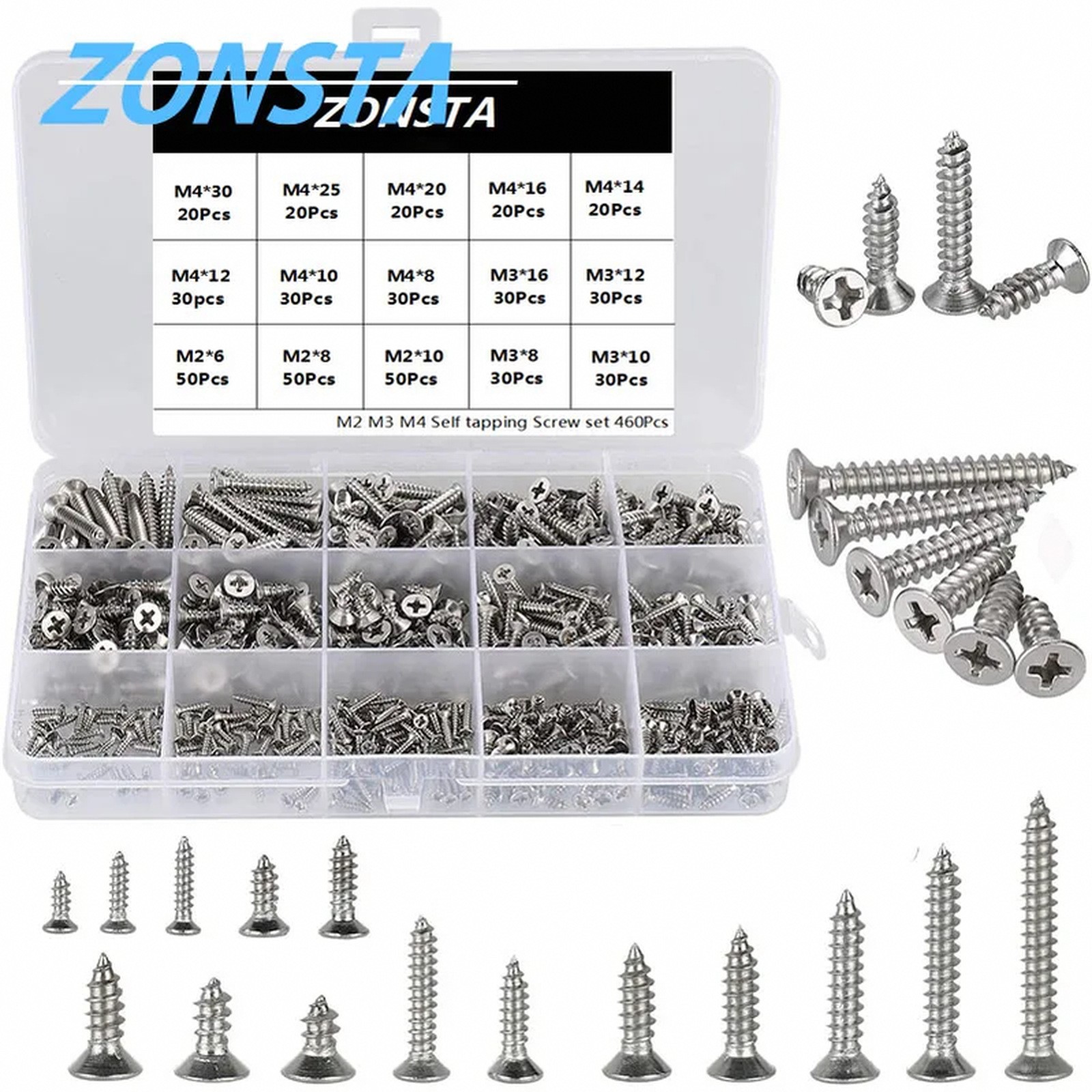 M2 M3 M4 460Pcs Countersunk Flat Head Self Tapping Screws Set 304 Stainless