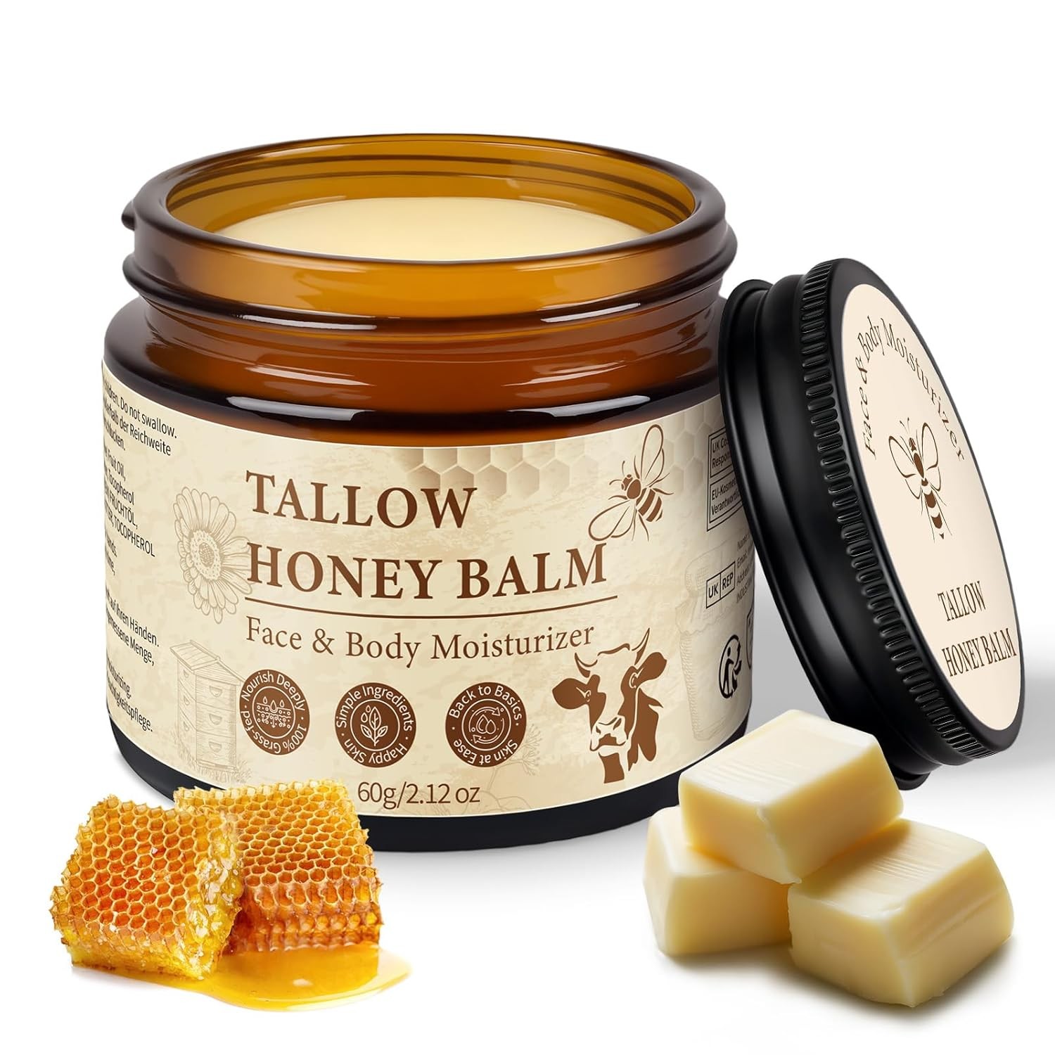 Tallow and Honey Balm for Face, Beef Tallow for Skin, Grass-Fed Beef Tallow & Ra