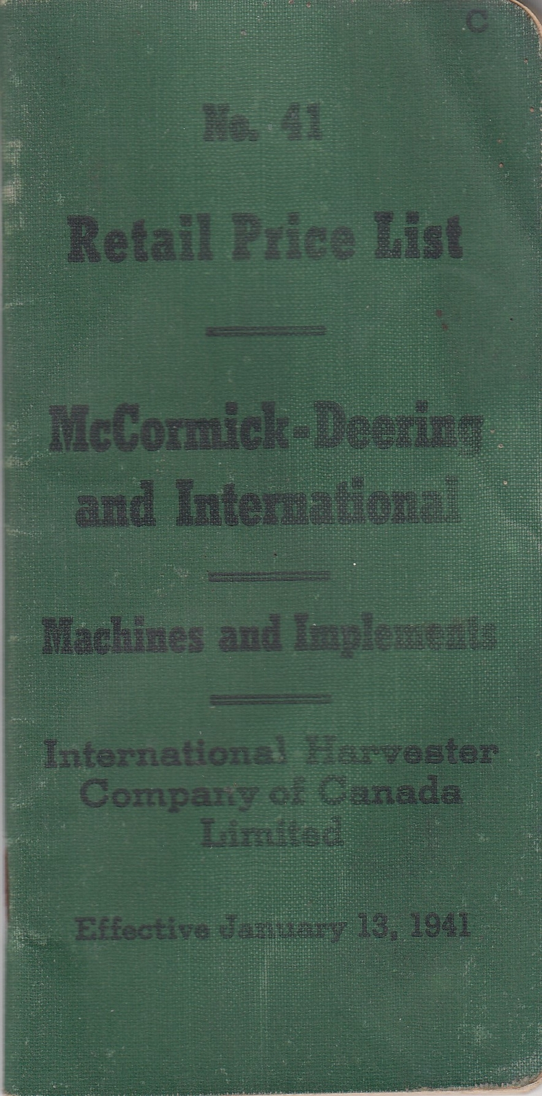 Vintage Retail Price List #41 McCormick-Deering and International- Machines 1941