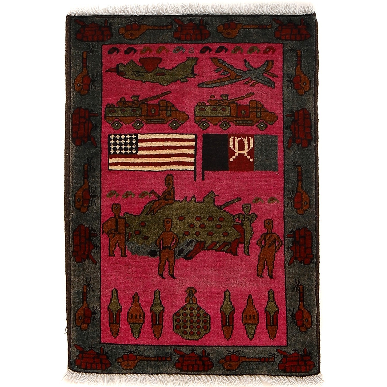 Vintage Afghan War Rug Handwoven Battle Artwork 2.8x1.9 ft