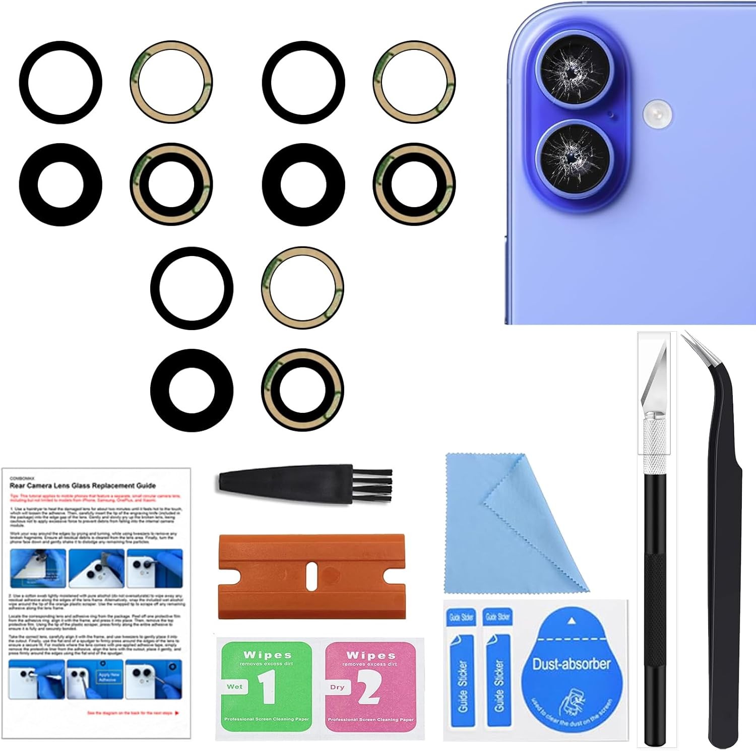 3PCS Rear Camera Lens Glass Replacement Part Compatible with iPhone 16 16 Plus