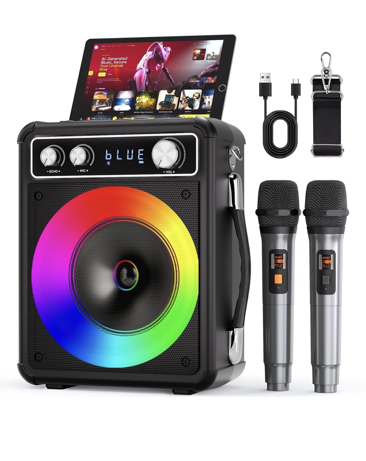 Karaoke Machine, Portable Bluetooth Karaoke Speaker with 2 Wireless Microphones