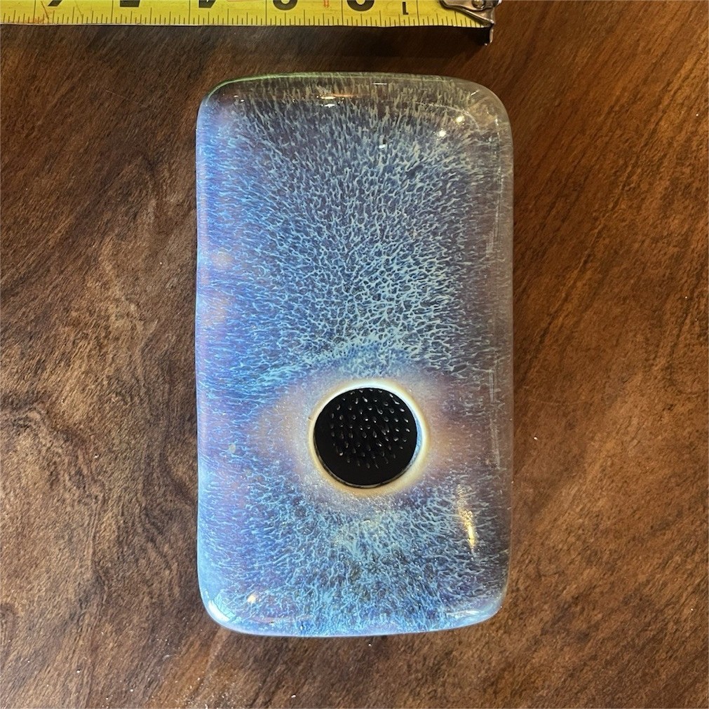 Ceramic Blue Rectangular flower basin with frog spikes.