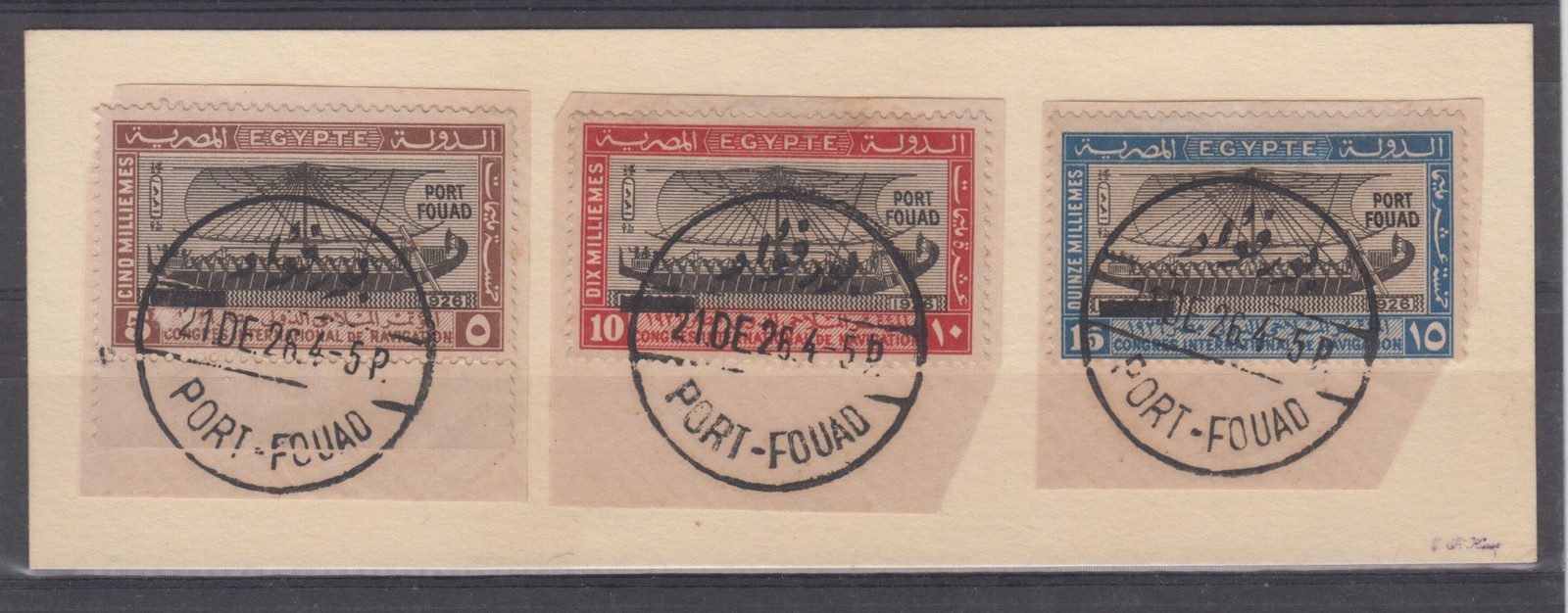 Egypt, Sc 121-3, 1926 5m-15m Port Fouad Set Used on Fragments on Card - Genuine
