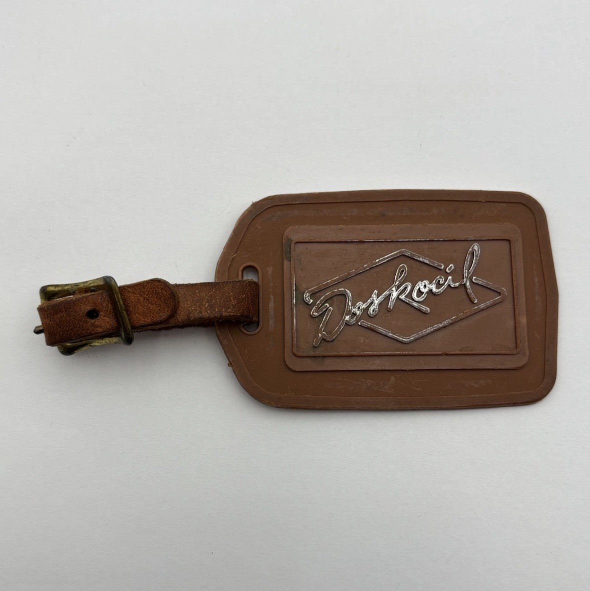VTG Doskocil Hard Plastic Luggage Tag w/ Leather Strap Travel Bag ID Tag (Blank)