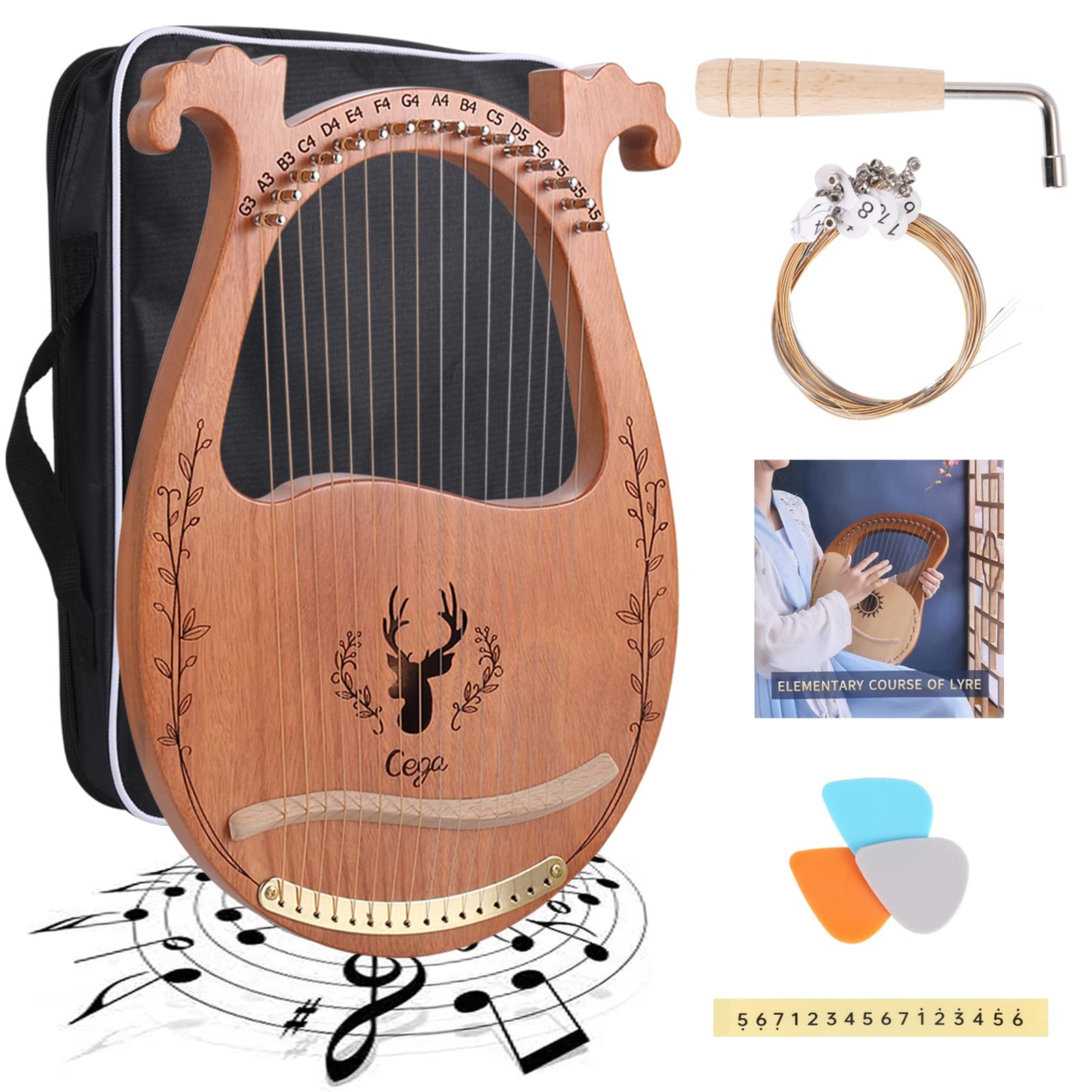 Lyre Harp, 16 Strings Mahogany Acoustic Harp with Extra Strings, Picks, Tunin...