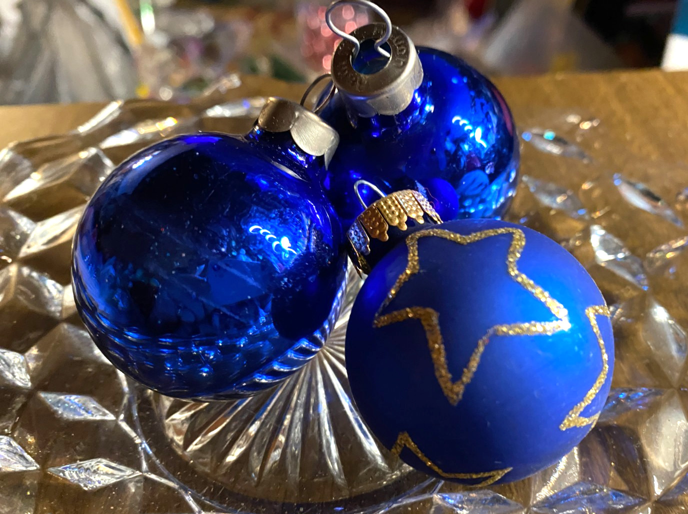 3 Rauch Blown Glass Round Blue Solid (2) & Stars Christmas Ornament 1 1/2-1 3/4"
