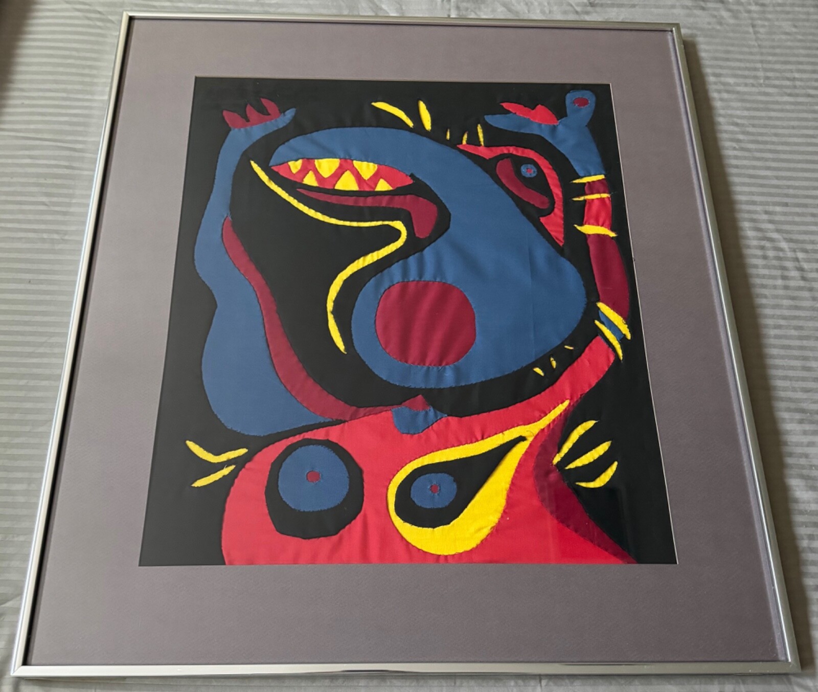 Vintage Abstract Embroidered Cloth Dragon Figure Mid Century Wall Art Modern MCM