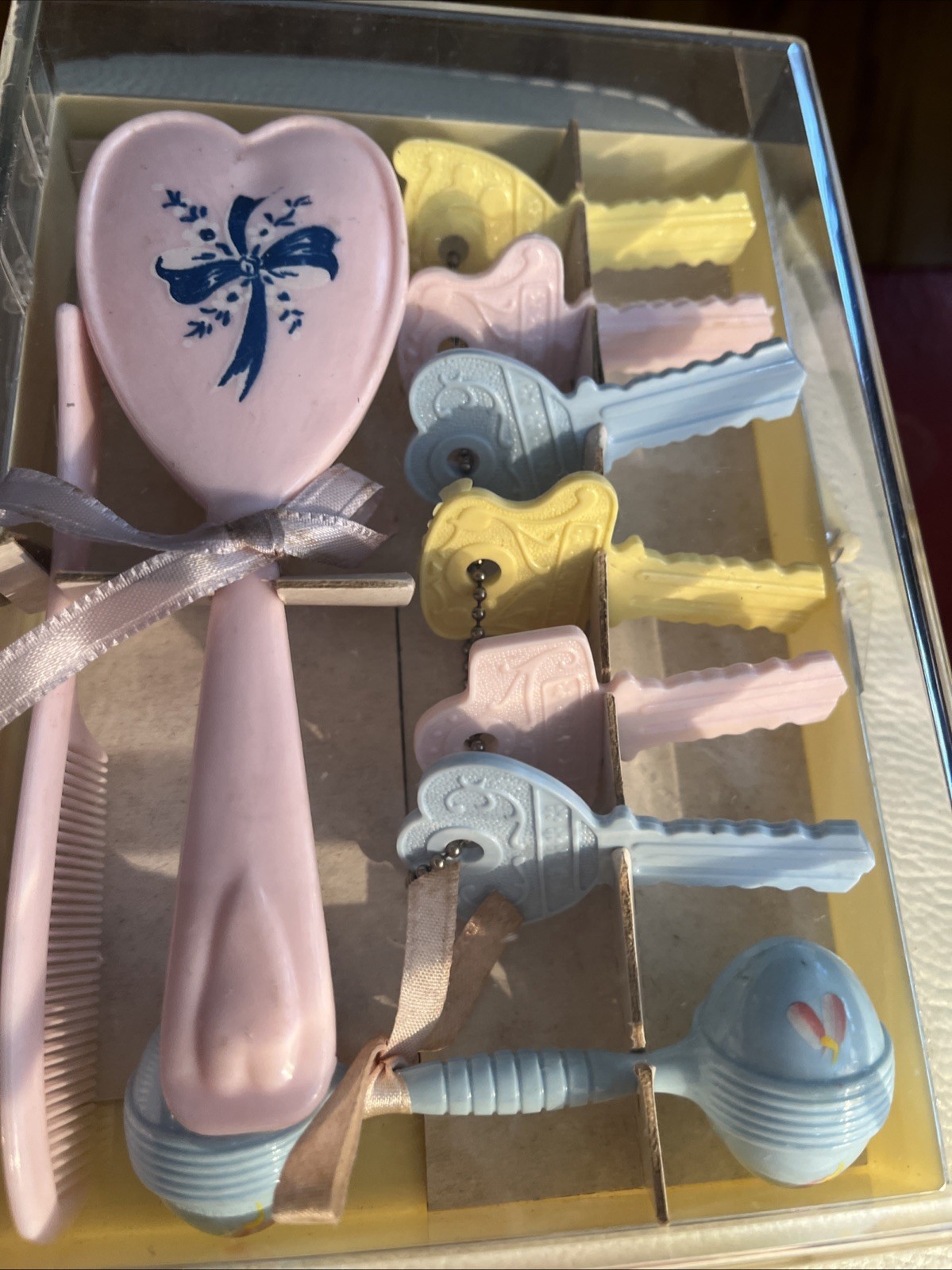 VTG NOS Baby Brush & Comb, Rattle & Keys SET Pink Pastel Plastic Infant Toddler