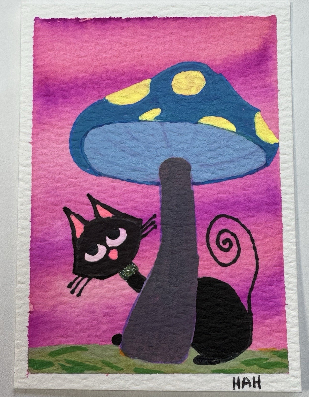 ACEO Original Mixed Medium Painting Abstract Cat With Mushroom Mini Art Card