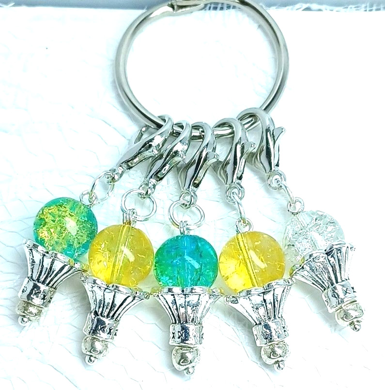 MikieLou Stitch Markers Premium Crackle Glass Blue Yellow Cones Knitting Crochet