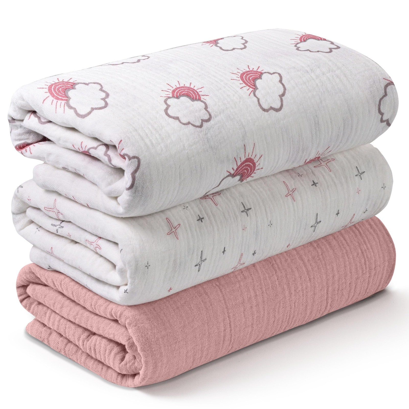 Muslin Swaddle Blankets for Newborn, 3 Pack Breathable 3 PACK, Clouds & Stars 