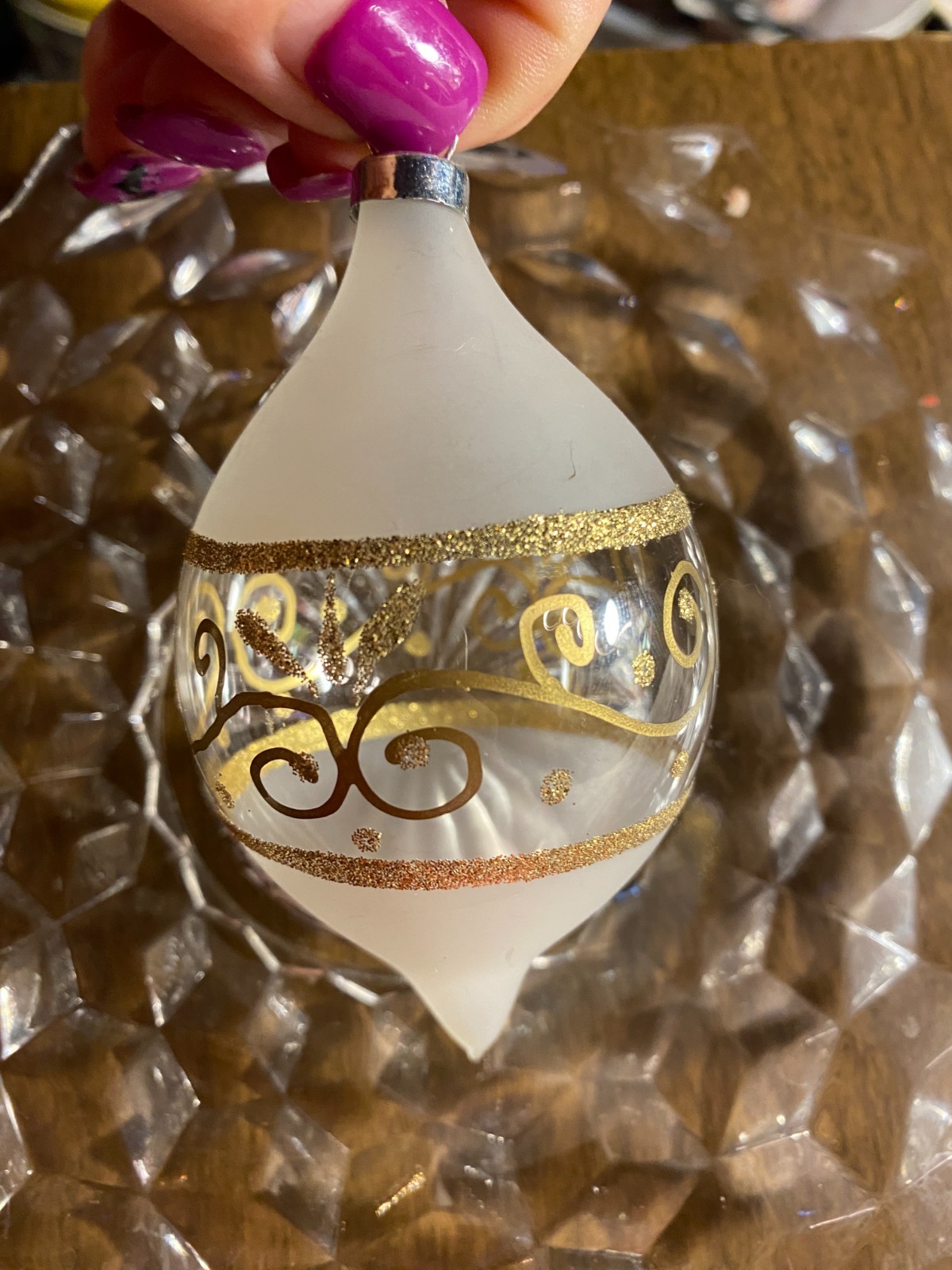 Blown Glass Teardrop Frosted w Gold Scrolls Christmas Ornament 4"