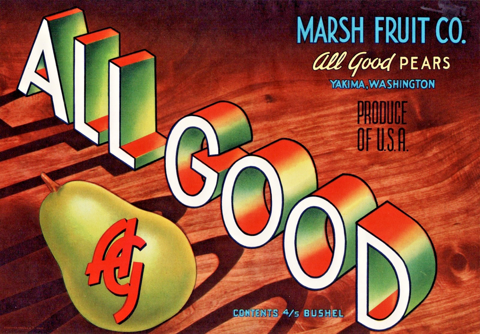 ALL GOOD Brand Pears Original Fruit Crate Label  - Yakima, Washington