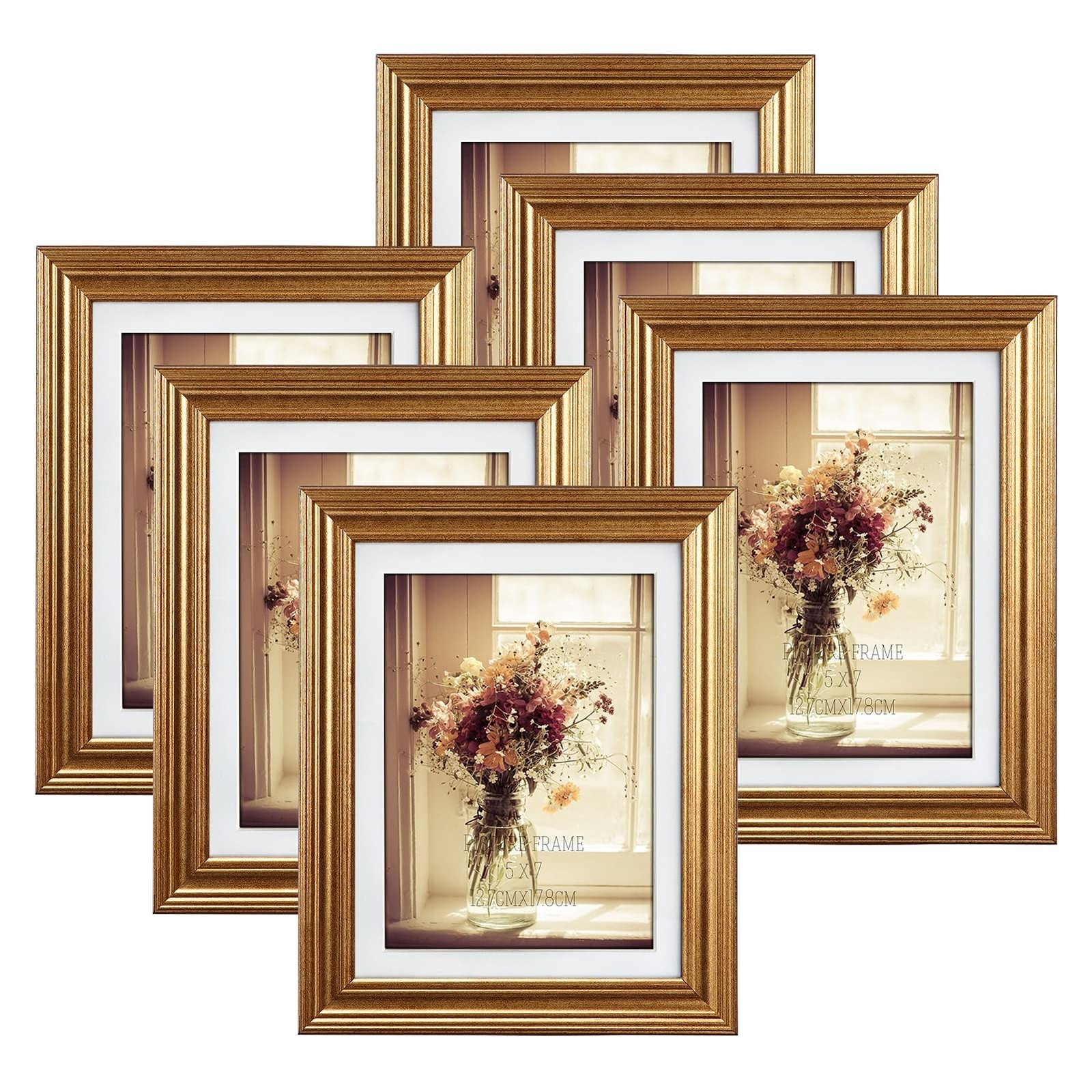 MEBRUDY 5x7 Picture Frames (Gold, 6 Pack), Display Pictures 5x7 with Mat or 6...