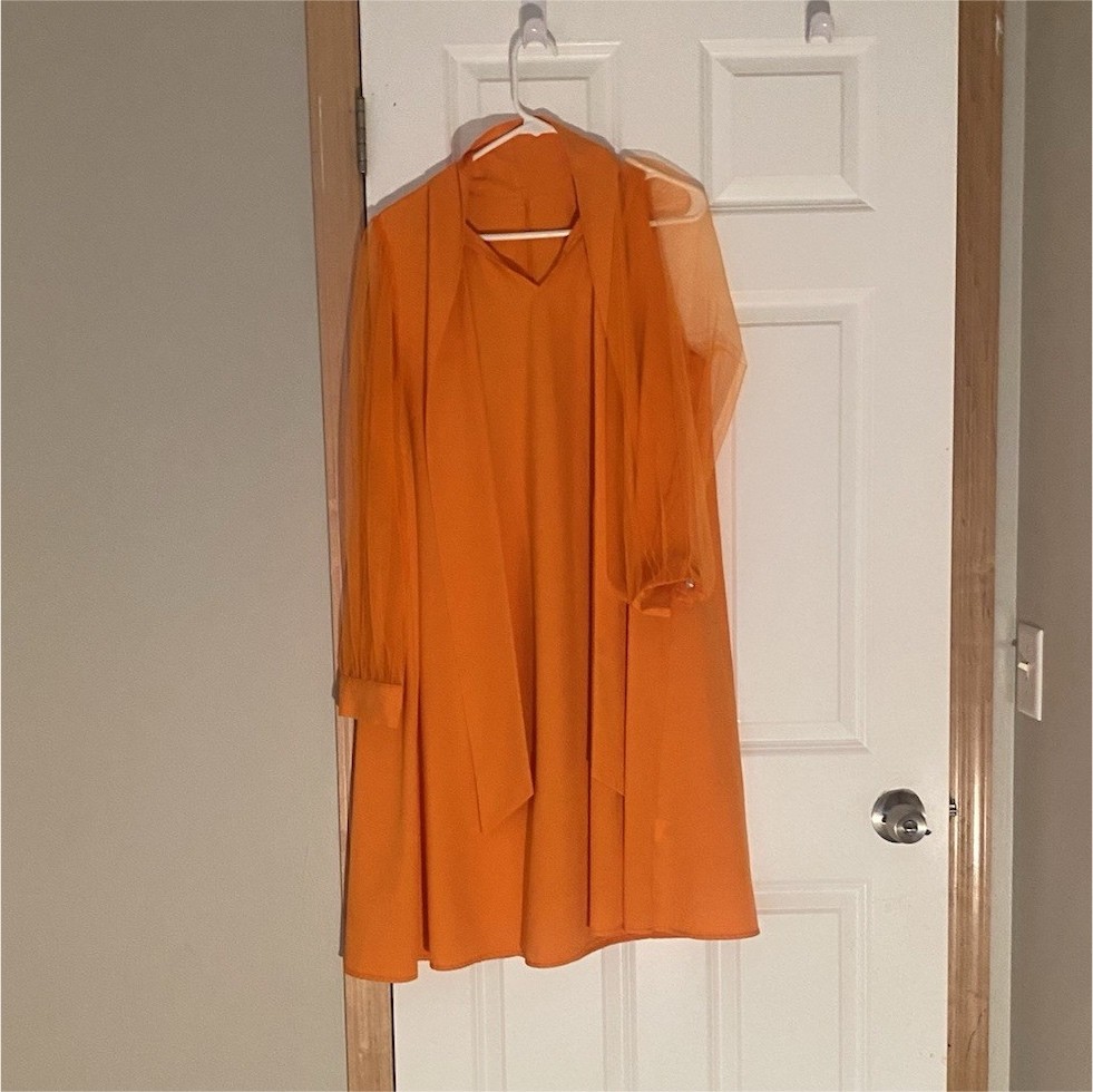 Vintage Women's Orange Dress with Sheer Scarf, Regular Size Type, Elegant Style