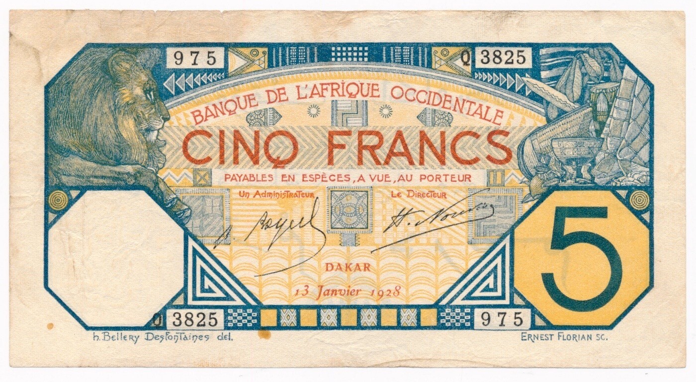 FRENCH WEST AFRICA banknote 5 Francs 1928 Dakar VF