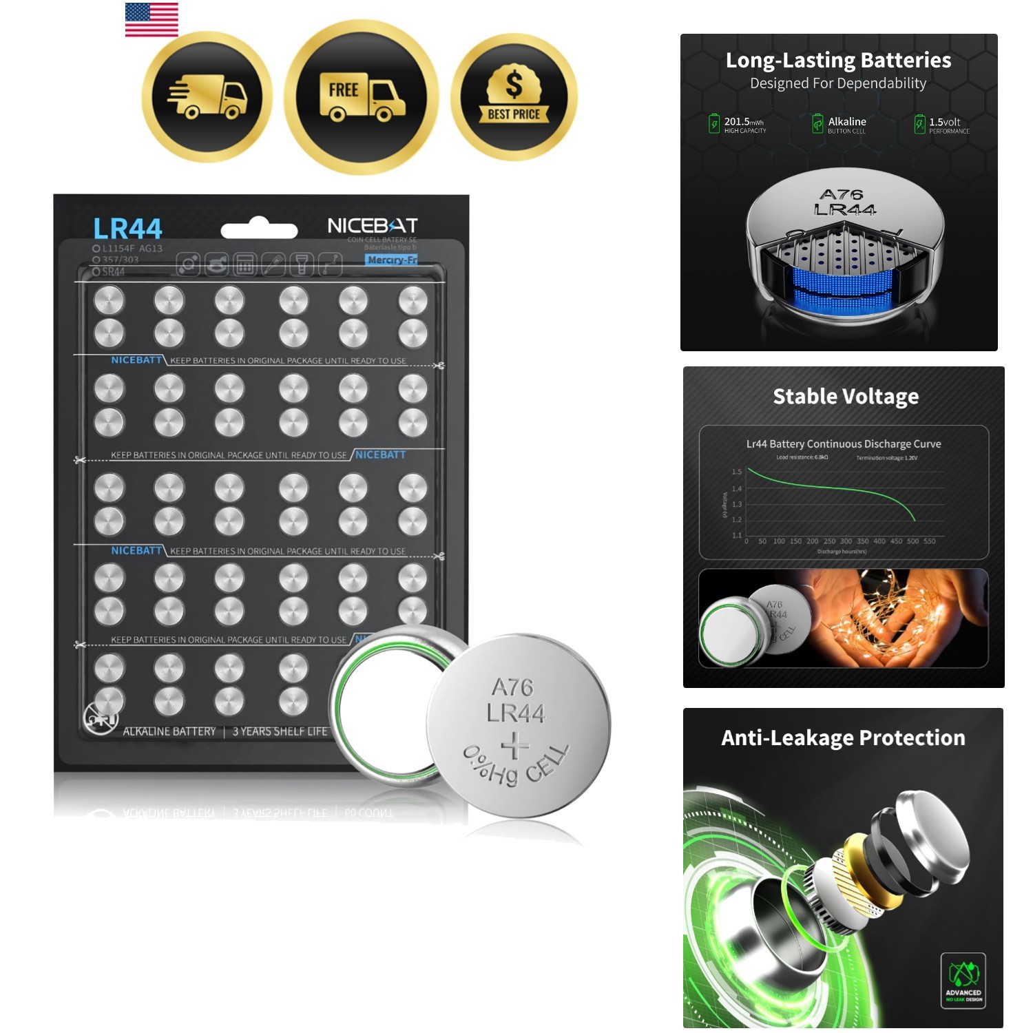 LR44 Batteries 60 Pack, AG13 L1154F 357 303 SR44 A76  Alkaline 1.5V Button Co...