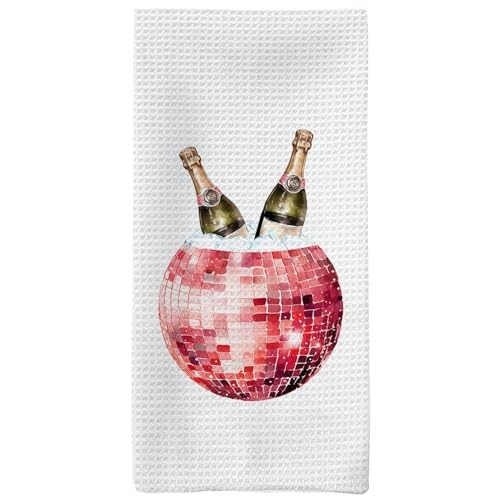 Preppy Trendy Hand Towels, Champagne Disco Ball Retro Dish Towels Tea Red
