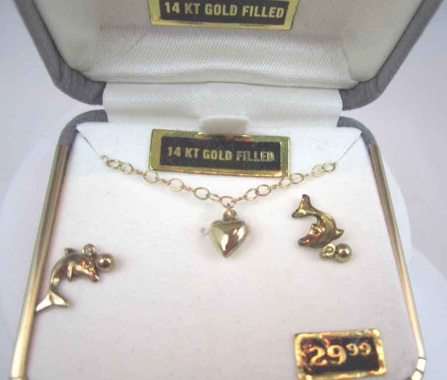 Heart Necklace Dolphin Earrings Child's Set 14kt gold filled NIB