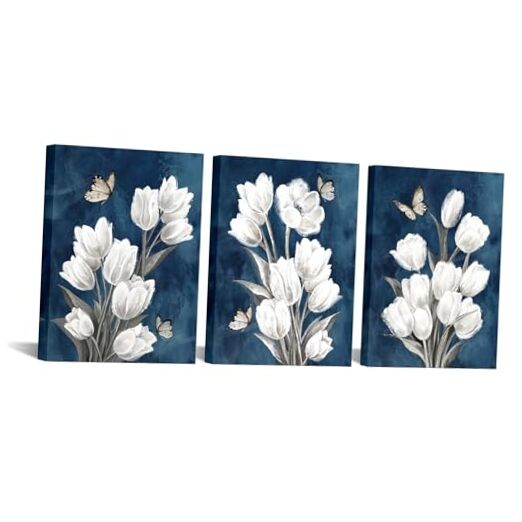  Blue and White Flower Wall Art Vintage Tulip Painting Bathroom Decor Dark 