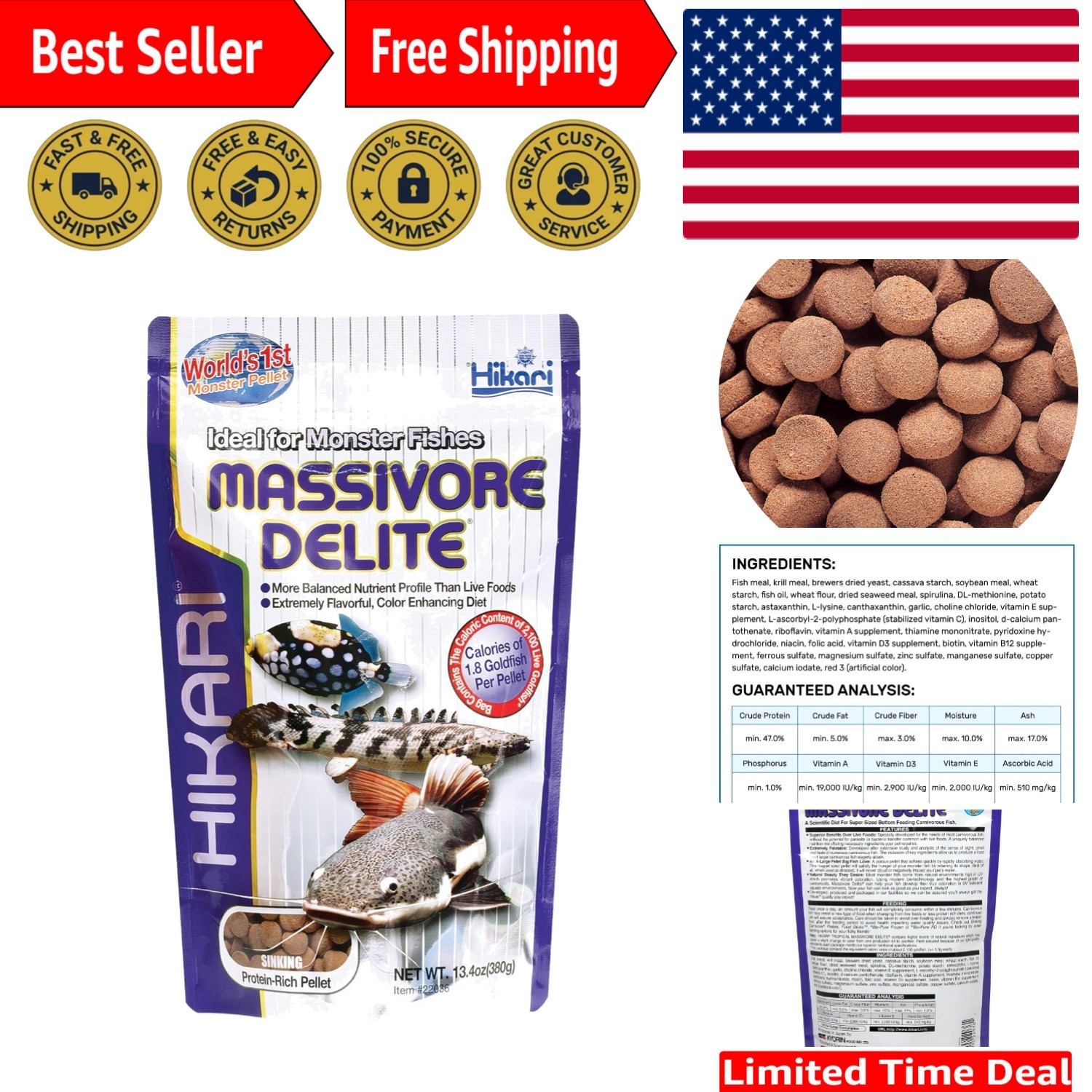 Krill Meal Enriched Tropical Fish Food, 13.4 oz for Large Carnivorous Fish