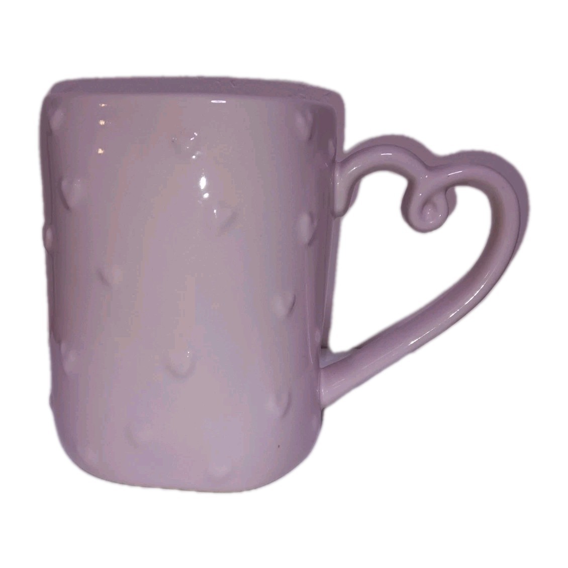 Rae Dunn Artisan Collection Pink  Embossed Hearts Mug a solid pink Heart Handle 