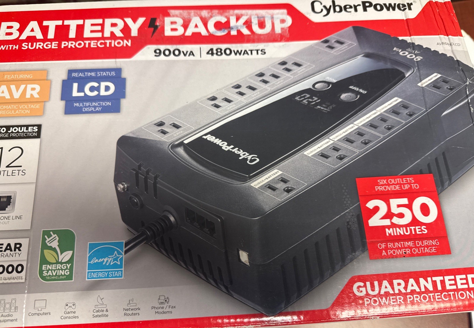 CyberPower Battery Backup UPS 900VA 480W 12 Outlets AVR LCD Surge Protection