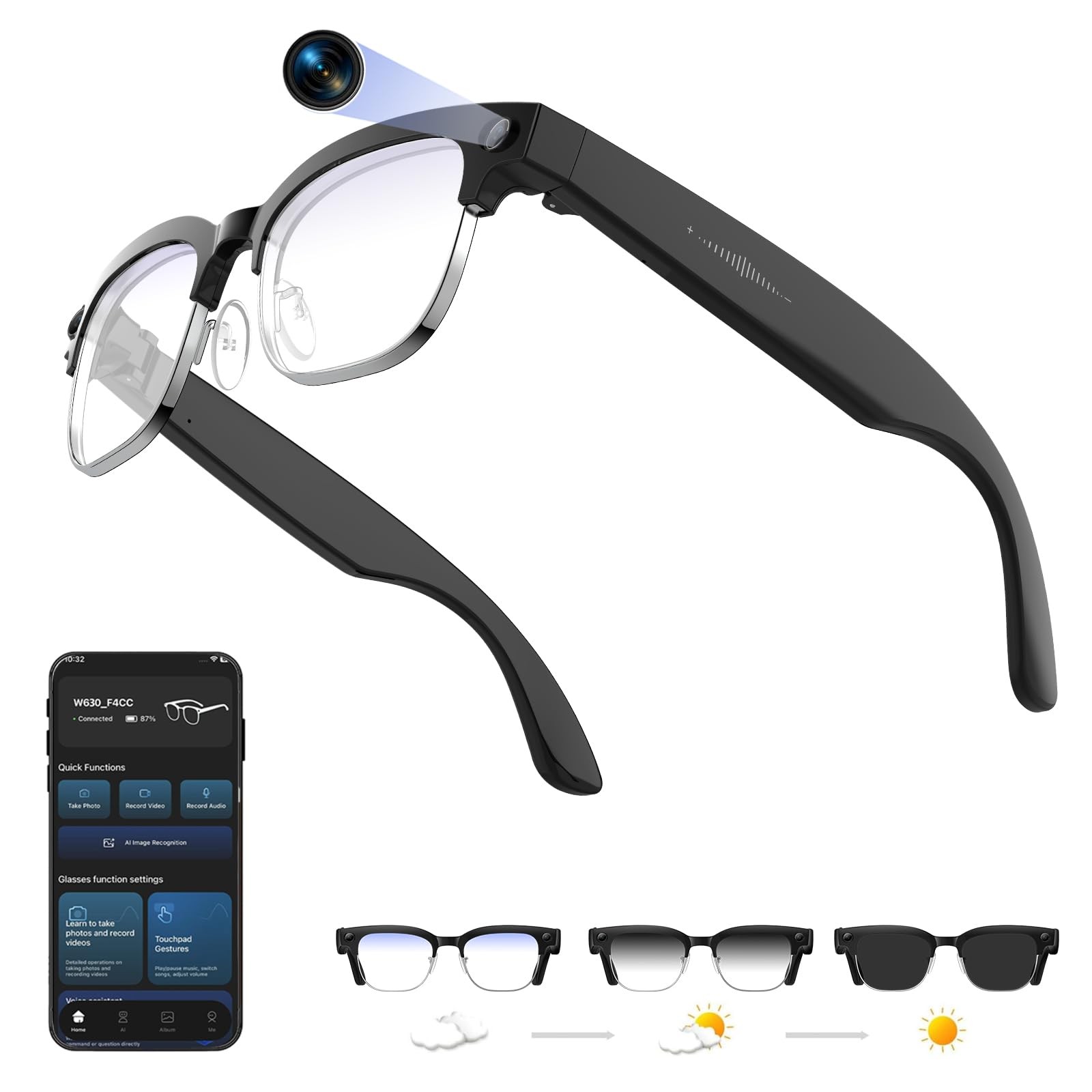 AI Smart Glasses with 4K Camera, 8MPW Anti-Shake Bluetooth Camera Glasses, 10...