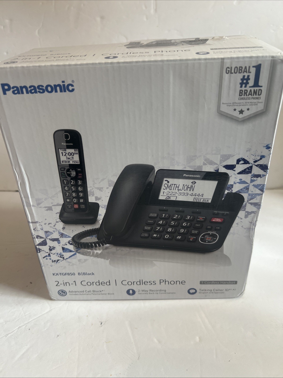Panasonic Corded/Cordless Phone w Adv Call Block, 2-Way Recording- KX-TGF850B