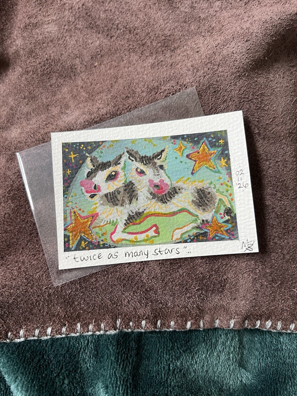 ACEO original art - two-headed cow 'twice as many stars'