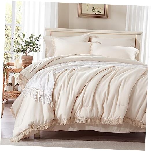  Boho Comforter Set 7 Piece with Tassel Lightweight Soft Fringe Queen Beige