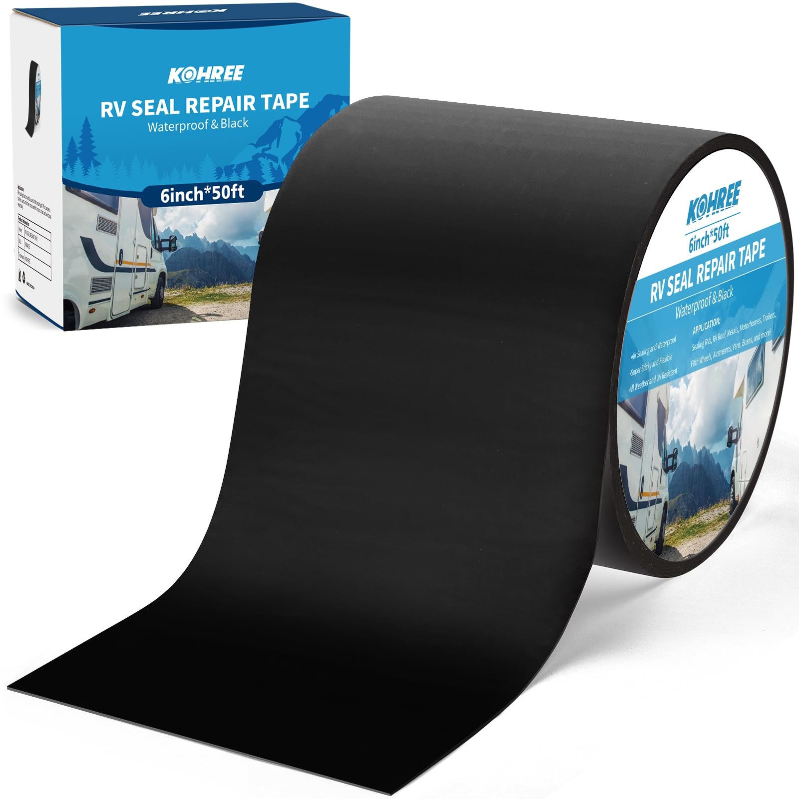 Kohree Butyl Sealant Tape, RV Roof Tape Black, 6 Inch x 50 Foot RV Sealant Wa...