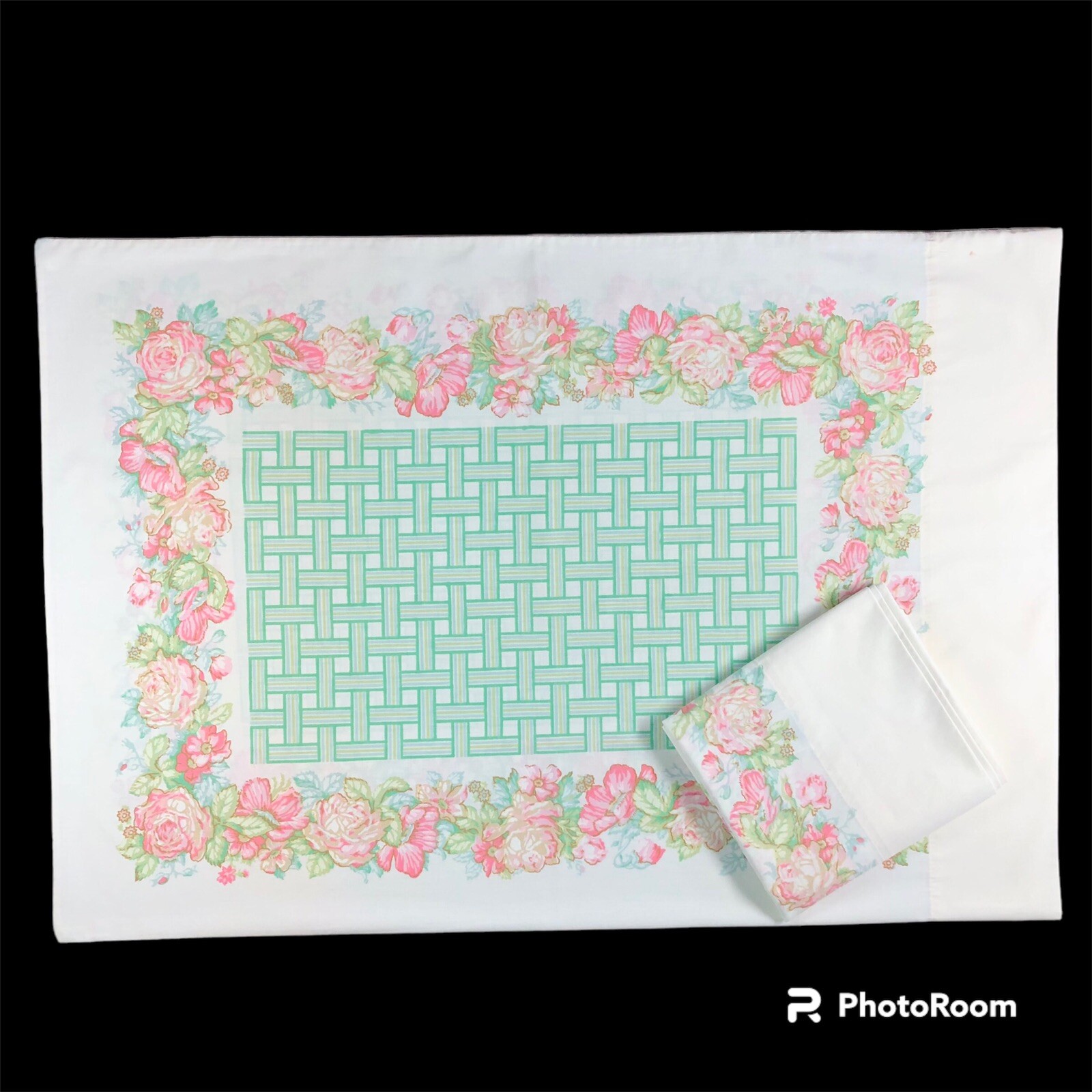 Pair Vtg Sears Perma Prest Courtship Rose Pillowcases Floral Lattice Cottagecore