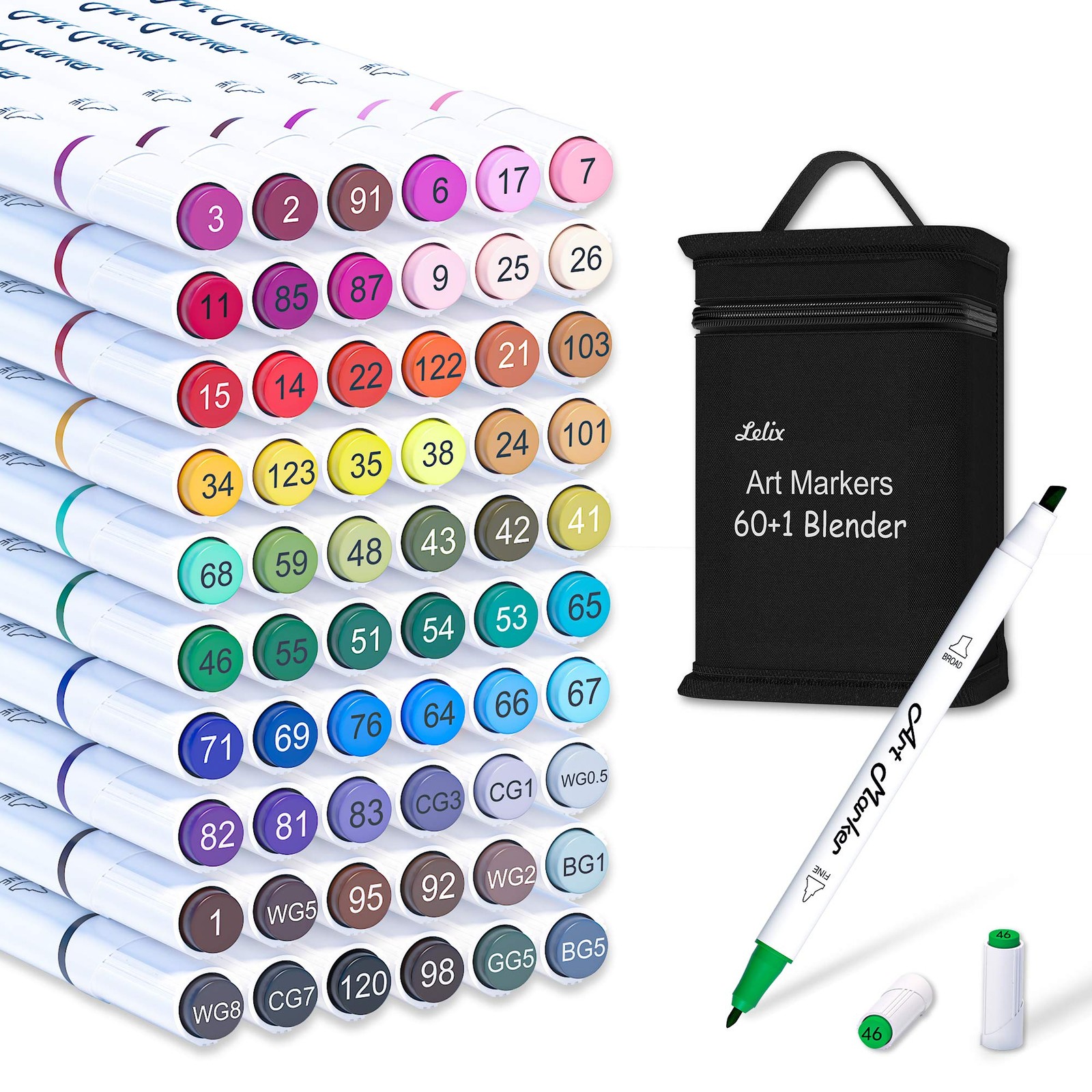 Lelix 61 Colors Alcohol Art Markers, 60 Plus 1 Blender Dual 61 