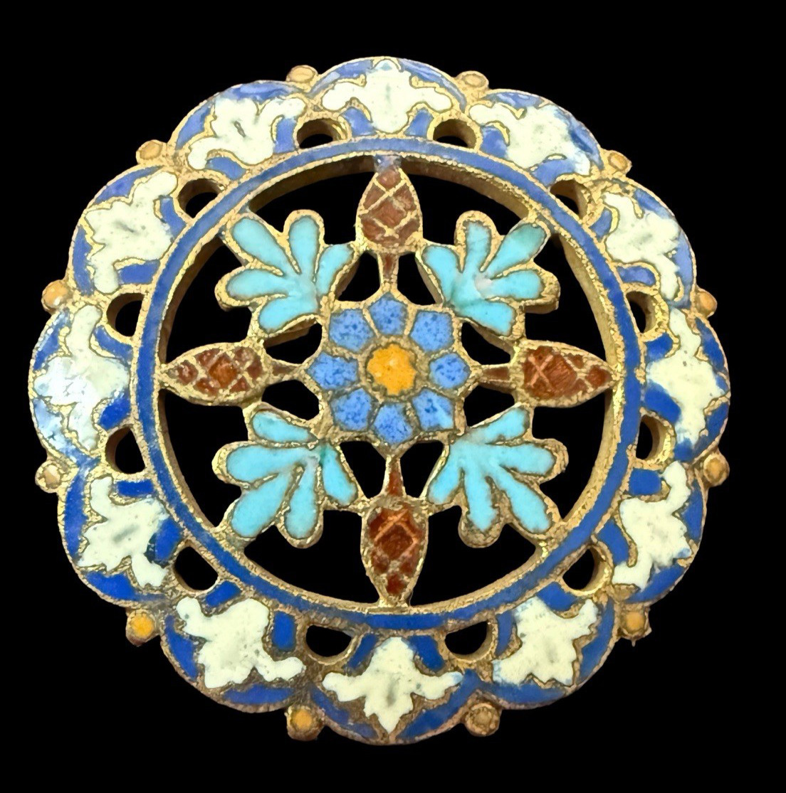 Large Antique Pierced Enamel Button~Quatrefoil Design, Beautiful! FREE SHIPPING